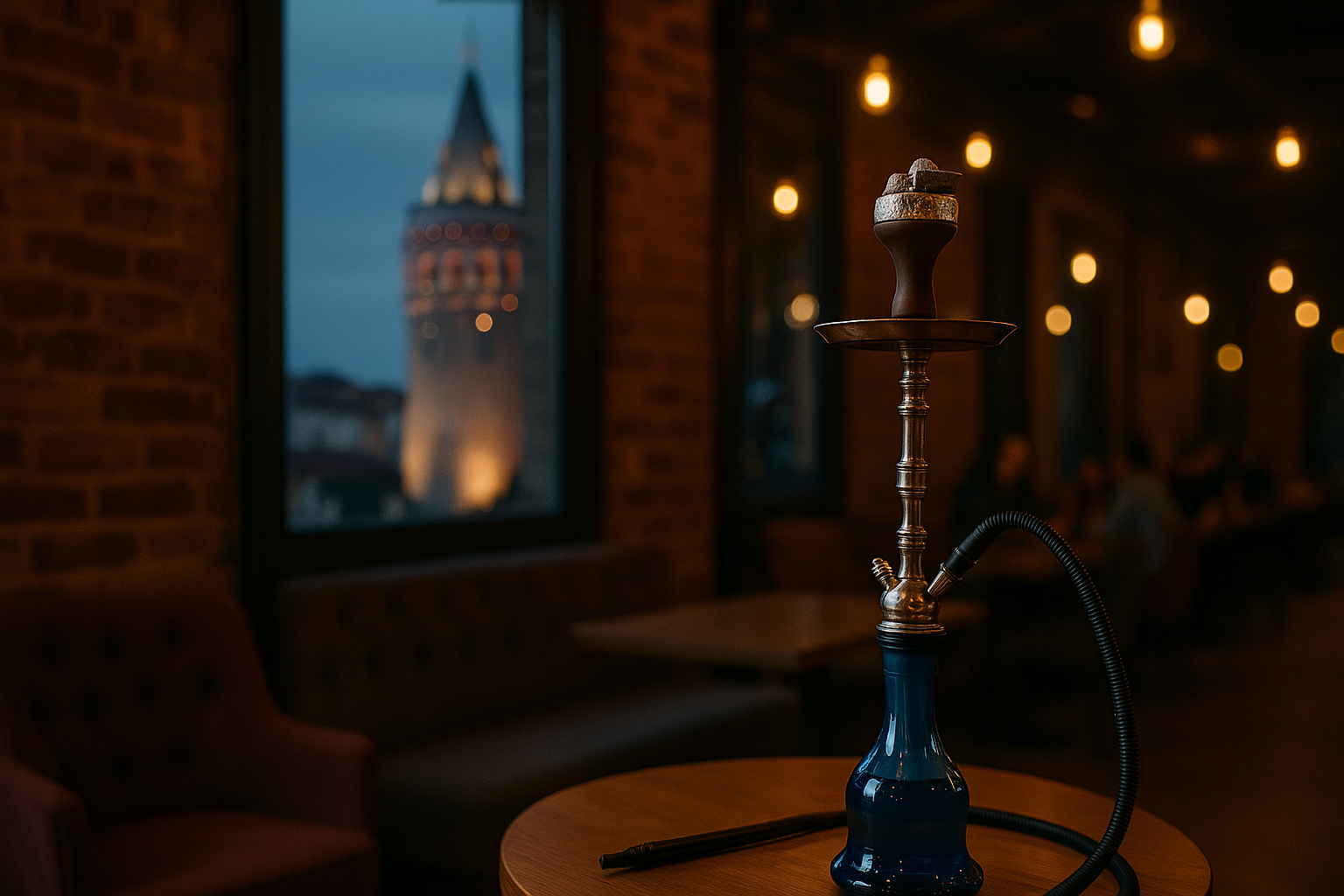 İstanbul manzarası eşliğinde Galata Kulesi'nin göründüğü bir kafede, masada duran şık bir nargile.